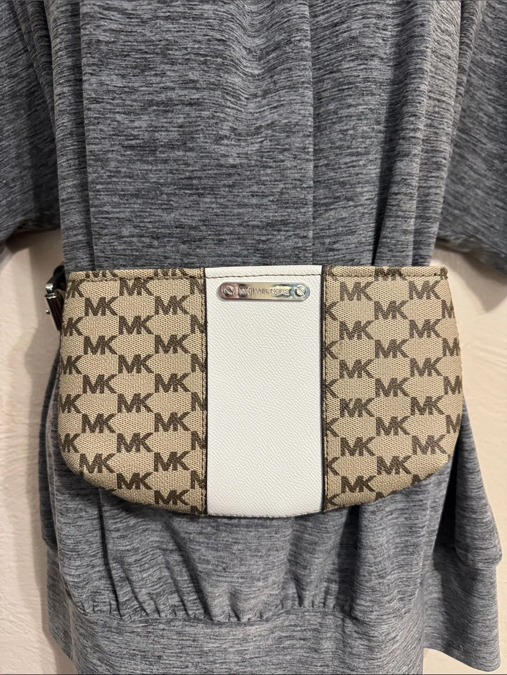 Michael Kors Tan Signature MK Belt Bag with White Center Panel